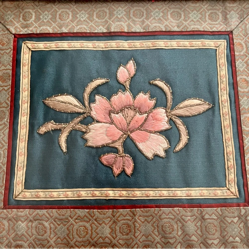 Antique Chinese Embroidered‎ Framed Tapestry Fabric Silk Pink Peony #2